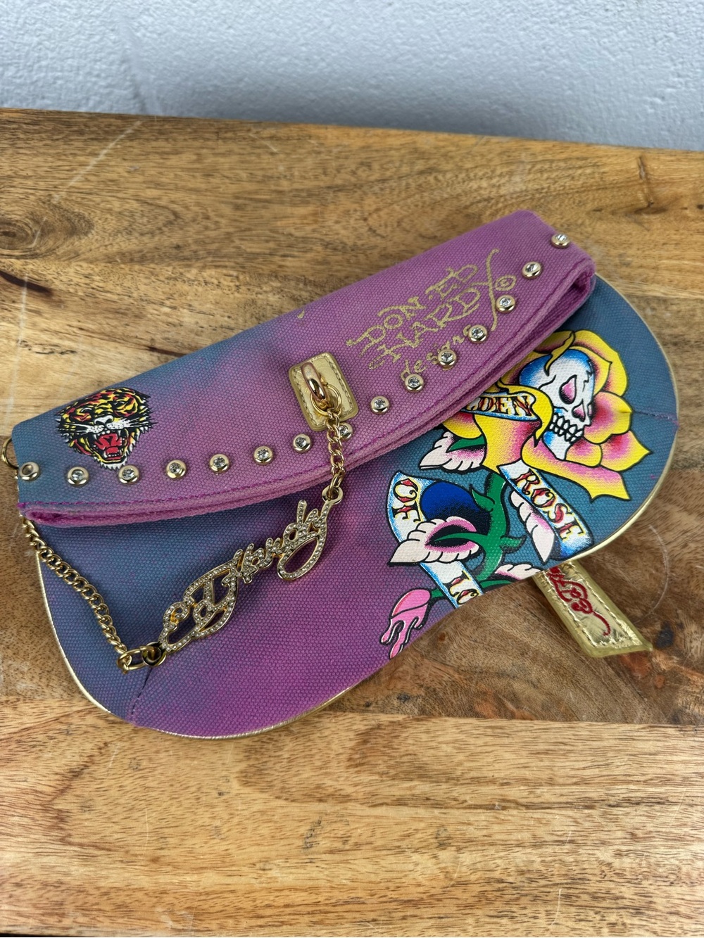 Ed Hardy Skull & Rose Canvas Clutch Wristlet Purple Tattoo Print Bag
